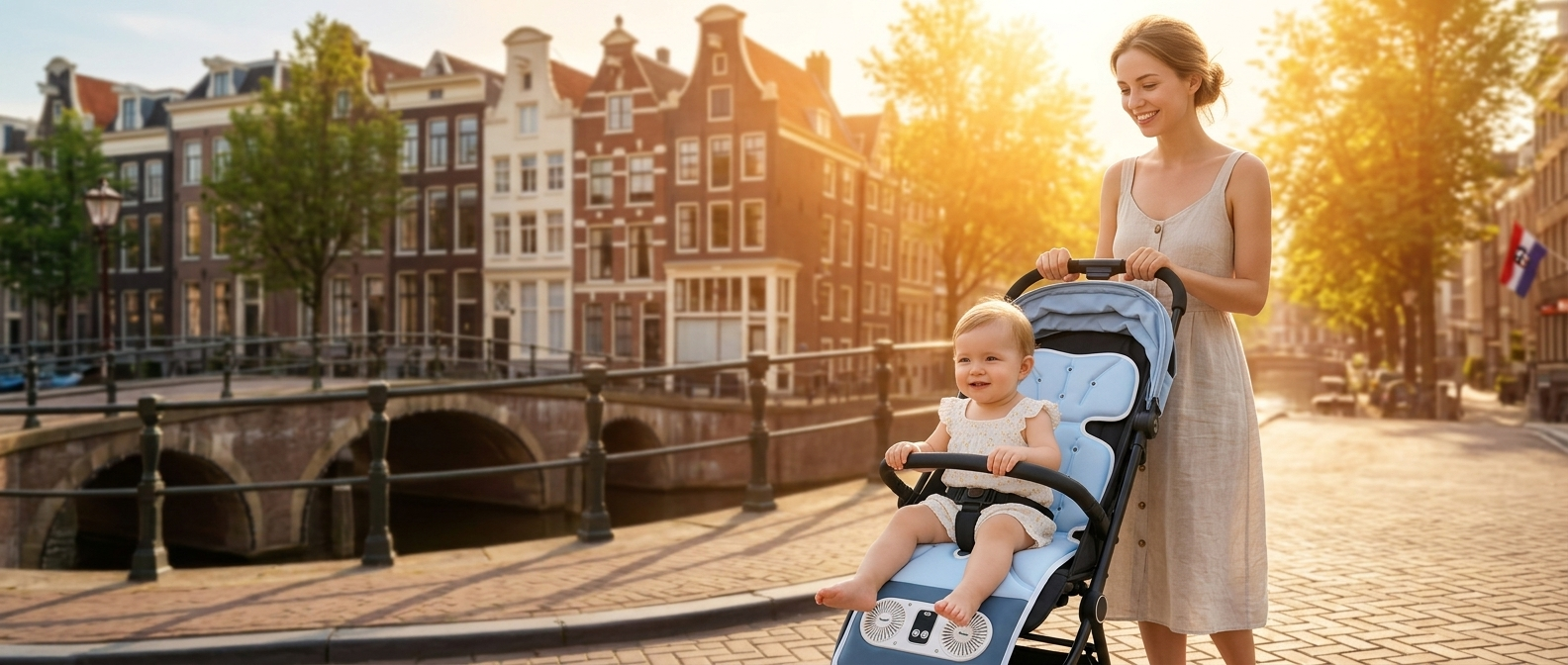 The Breeze Pro - Baby in stroller with cooling pad on Amsterdam canal