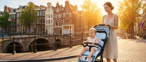 The Breeze Pro - Baby in stroller with cooling pad on Amsterdam canal